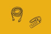 Une illustration de fils électriques et d'une multiprise. Le fond est jaune.