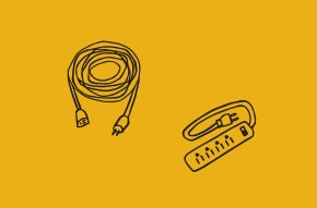 Une illustration de fils électriques et d'une multiprise. Le fond est jaune.