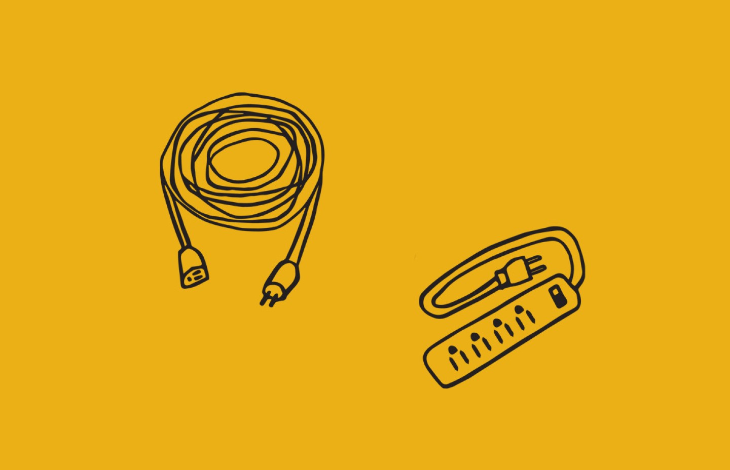 Une illustration de fils électriques et d'une multiprise. Le fond est jaune.