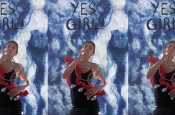 L'image montre une personne en haut noir et rouge, tenant un objet métallique circulaire et regardant vers l'objectif. En arrière-plan, un fond nuageux bleu et blanc avec l'inscription "YES GIRL!" en lettres noires. L'image est répétée trois fois côte à côte, créant un effet de motif répétitif.