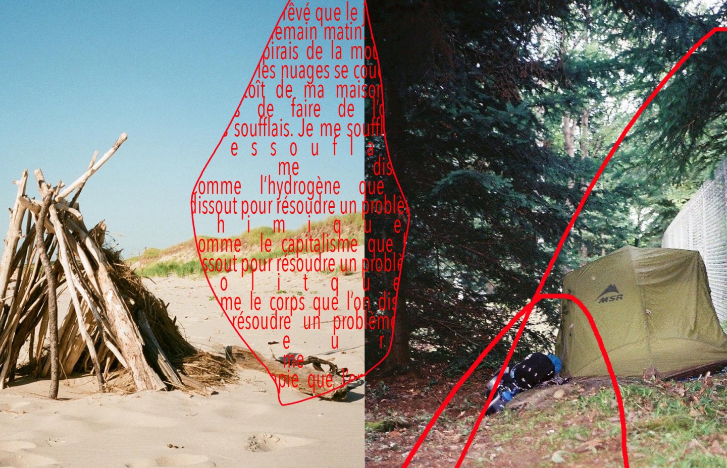 Image divisée en deux moitiés : La partie gauche montre une plage de sable avec une structure en rondins ; la partie droite montre une tente verte plantée à côté d'une clôture en chaîne et des arbres. Du texte en rouge en français recouvre les deux images.